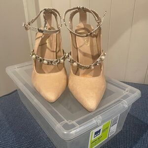 Aldo Beige Pearl Embellished Heels